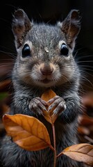 Obraz premium A cute grey squirrel with big eyes holds a brown leaf in its paws.