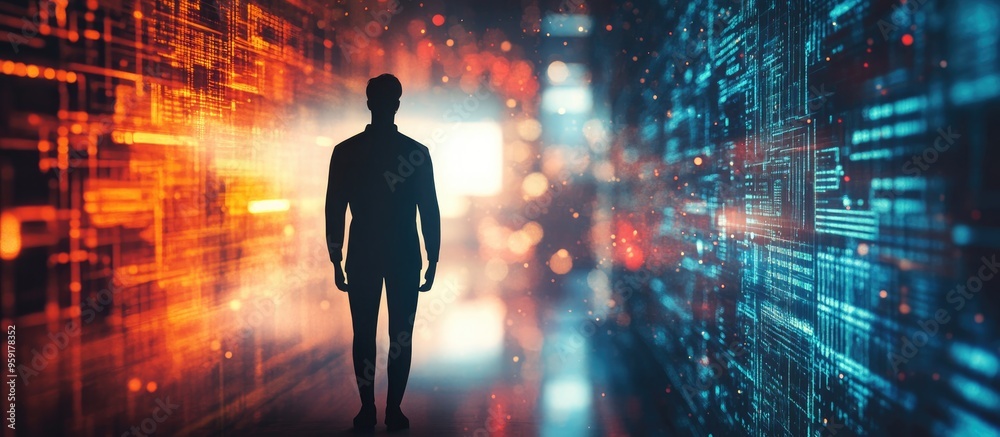 Poster silhouette of a man against a technical background representing artificial intelligence and big data