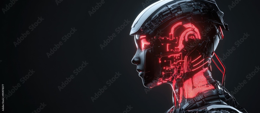 Poster 3d rendering of a humanoid robot featuring an artificial intelligence circuit brain