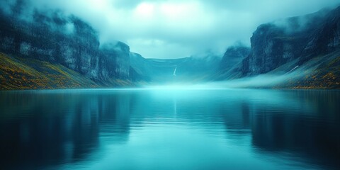 Misty Mountain Lake with Cliff Walls and a Waterfall