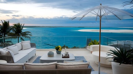 a luxury terrace with a breathtaking view of a sea lagoon. The terrace is furnished with a sofa, a coffee table and a few potted plants.