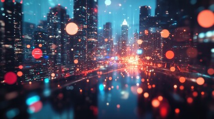 Colorful abstract bokeh combined with a night cityscape in a double exposure effect