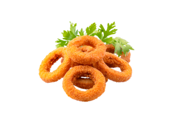 Fried onion rings with mozzarella or plain. Delicious onion rings on white background