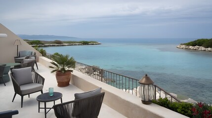 a luxury terrace with a breathtaking view of a sea lagoon. The terrace is furnished with a sofa, a coffee table and a few potted plants.
