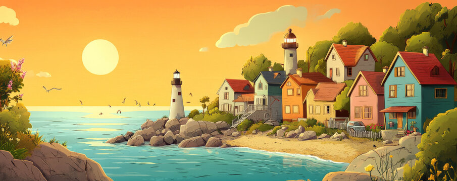 A tranquil cartoon backdrop of a seaside village with colorful houses, a lighthouse, and a calm ocean. The sun is setting, casting a warm glow over the scene.