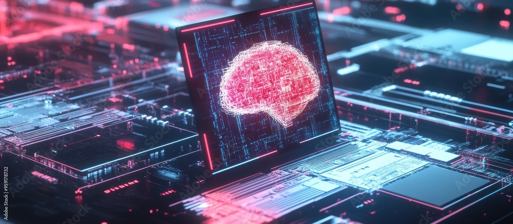 Poster futuristic computer monitor featuring a creative symbol for artificial intelligence concept of neura
