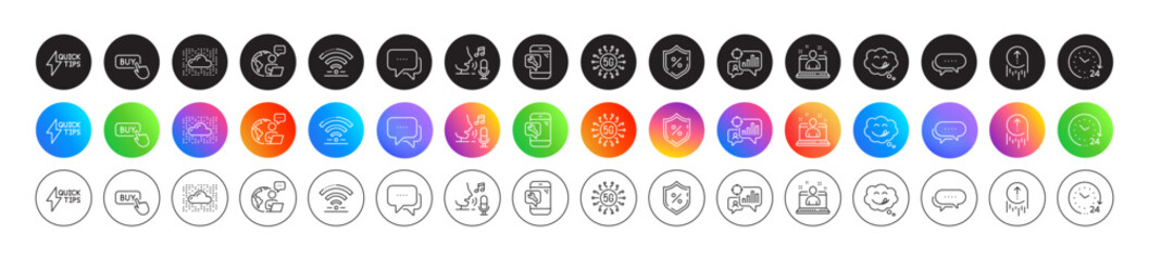 Microphone, Loan percent and Outsource work line icons. Round icon gradient buttons. Pack of Dots message, Phone repair, 5g technology icon. Best manager, Wifi, Buy button pictogram. Vector