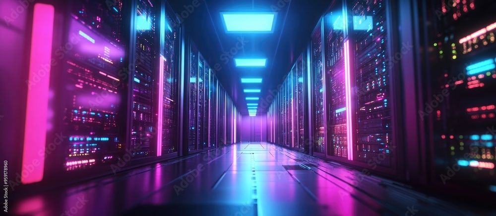 Poster server room with networking equipment showcasing digital transformation and cloud computing concepts