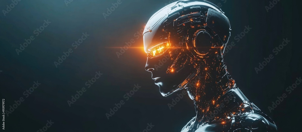 Poster 3d rendering of an artificial intelligence robot or cyborg illuminated by a flare against a dark bac