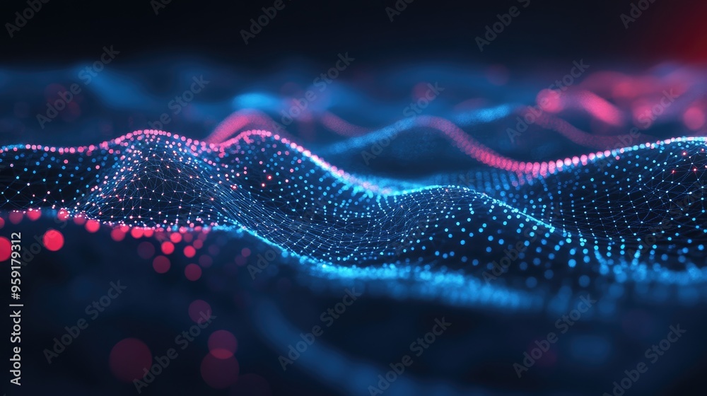 Poster abstract lines and dots form a connected background representing technological connections and the c