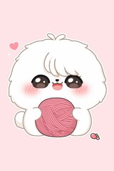 Obraz premium Adorable fluffy cartoon dog with pink yarn ball on pastel background