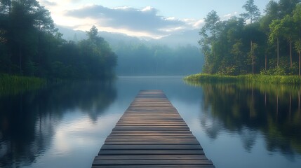 Obraz premium A wooden dock extends into a misty lake, surrounded by lush greenery.