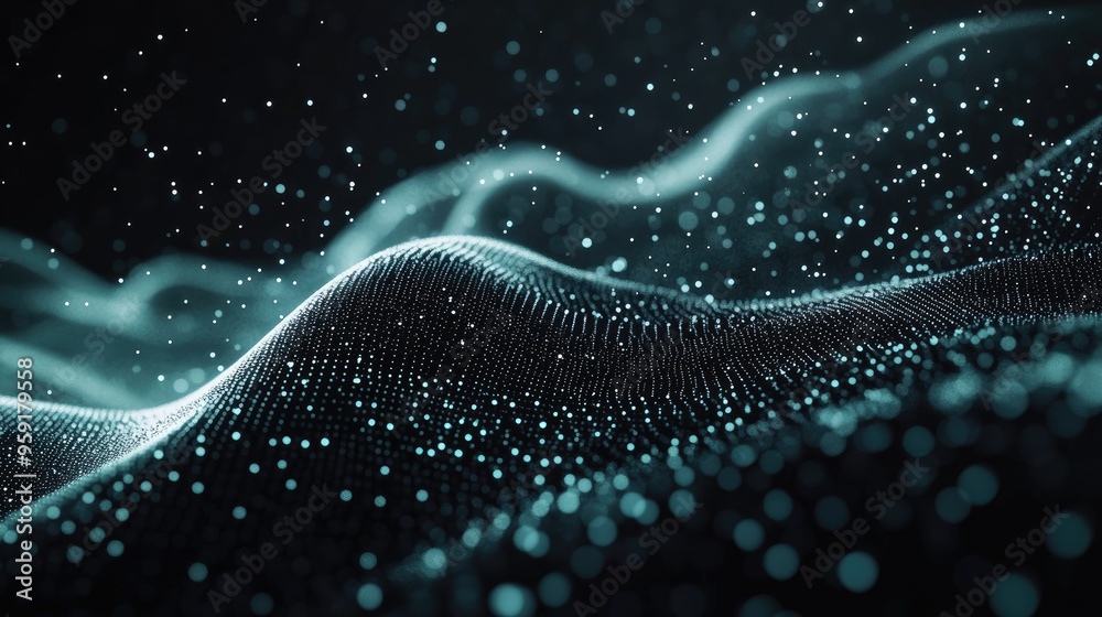 Poster 3d rendering of abstract digital particles against a black backdrop with dots high definition cgi mo