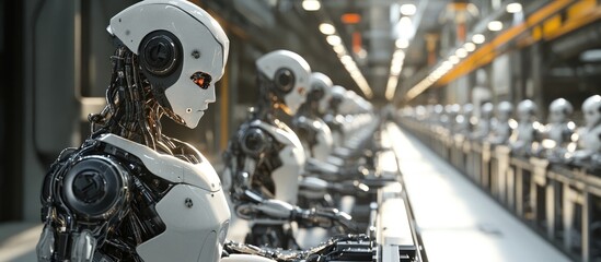 Fototapeta premium 3D rendering of a robot assembly line manufacturing cyborgs within an industrial setting