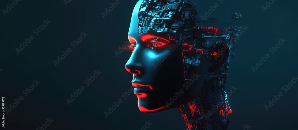 Poster cyborg head representing artificial intelligence isolated on a dark background created through 3d re