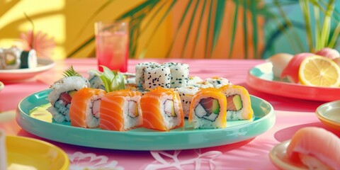 Assorted Sushi Placed on a Colorful Table