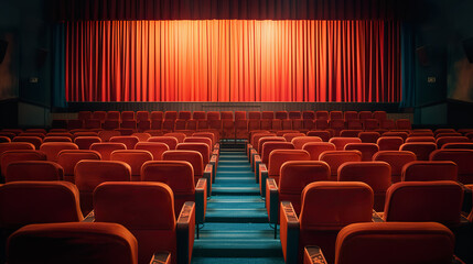 Fototapeta premium Red velvet seats line empty movie theater under the glow of dramatic red curtain on stage