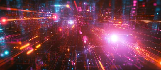 Naklejka premium Futuristic cyber world featuring dreamlike neural connections vibrant lasers and neon lights
