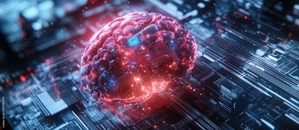 Poster 3d rendering depicting the brain and integrated circuits illustrating concepts related to artificial