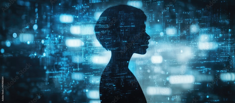 Poster silhouette of a person against a technical background representing artificial intelligence and big d