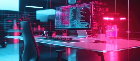 Multi exposure image featuring a holographic data visualization overlaying a study desk with a computer Represents modern technology concepts