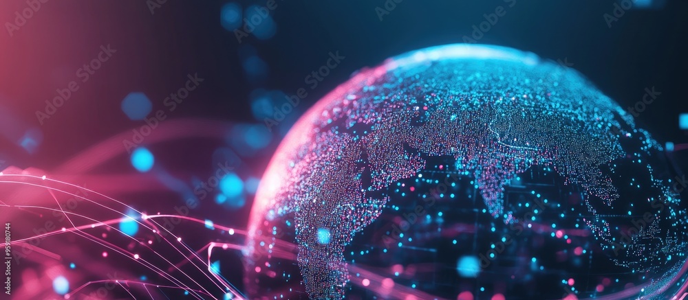Poster detailed 3d render of a globe showcasing a technology theme featuring intricate arcs connecting diff