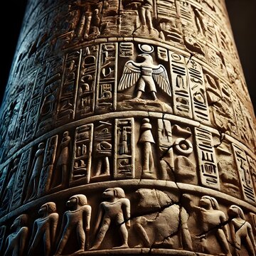 Majestuosas columnas egipcias antiguas con jerogl&iacute;ficos tallados, representando la grandeza de la arquitectura fara&oacute;nica.