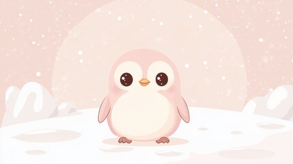 Fototapeta premium Adorable pink cartoon penguin in snowy winter wonderland scene