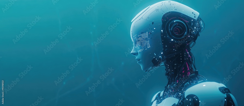 Poster 3d robotic rendering featuring a data flow diagram with empty space on a blue background symbolizing