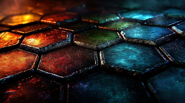   A focused image of metallic hexes with vibrant illumination from above tile tops