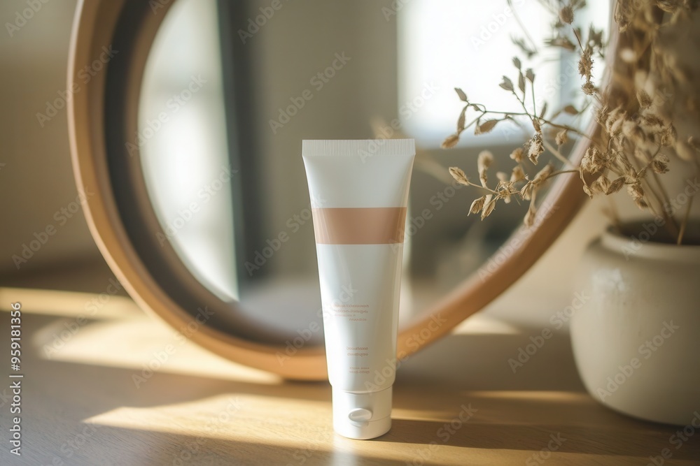 Poster a tube of cream stands upright on a wooden table, casting a soft reflection in a round mirror lit by
