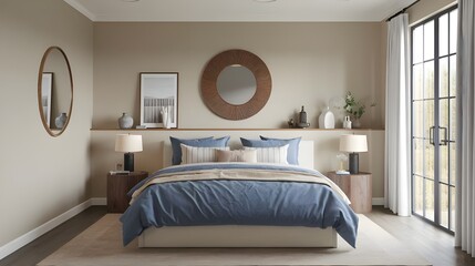 A farmhouse-style bedroom with a boho interior design. There's a bed with blue and beige bedding. The bed is placed in front of a beige wall with a unique pattern.