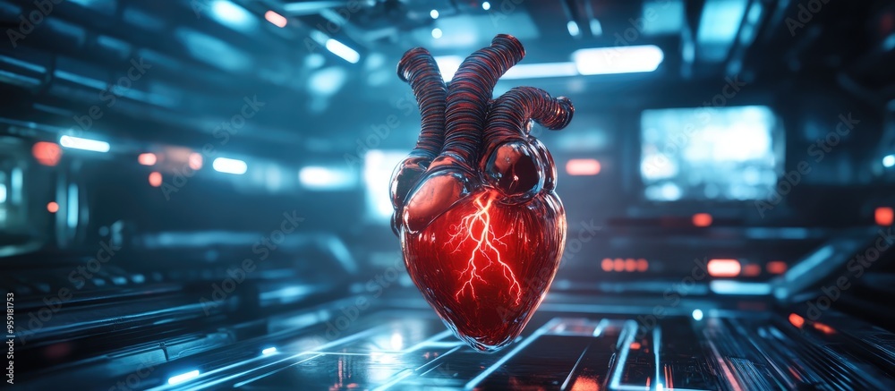 Poster futuristic 3d rendering of a synthetic heart in a sci fi setting