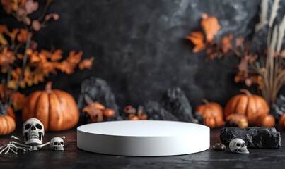 Obraz premium White podium with pumpkins and skulls on dark background.