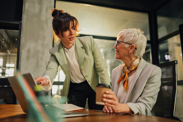 Mature female manager discussing business strategy with young colleague
