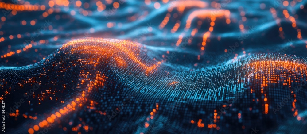 Poster illustration of artificial intelligence and machine learning concepts depiction of digital code and 