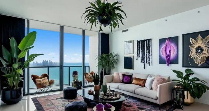 A witchy modern luxury with beautiful plants and witchy decor with modern touches and tons of art and crystals as decor as well with a mix of modern glamour and gorgeous view of the city and ocean.