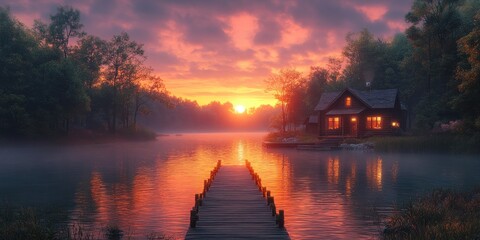Cabin by the Lake at Sunset with a Wooden Dock