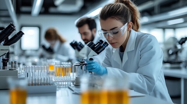 Medical Research Vector graphics showing scientists working a lab with microscopes test tubes and research equipment