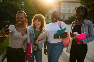 Cheerful diverse college girls at university campus smiling at phone.