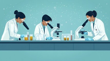Medical Research Vector graphics showing scientists working a lab with microscopes test tubes and research equipment