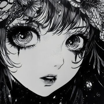 a visigoth goth anime, black and white, eyes lost, wondering what the universe is all about