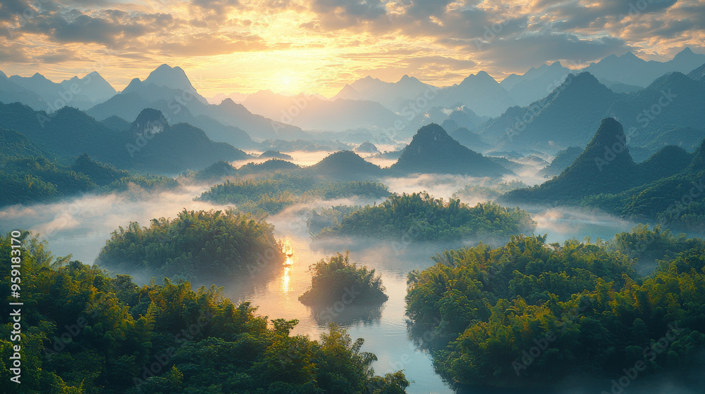 Wall mural A scenic view of a river winding through a lush valley, with mountains in the background and a beautiful sunrise.