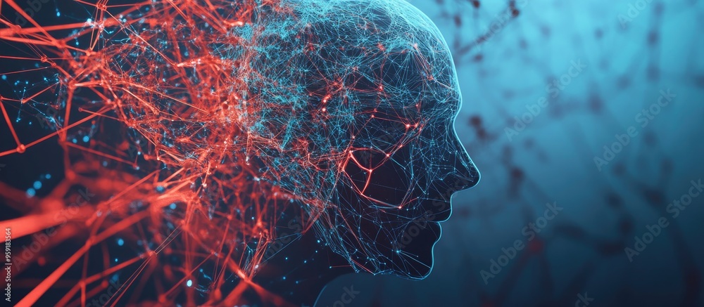 Poster abstract representation of artificial intelligence featuring interconnected lines and thinkers symbo