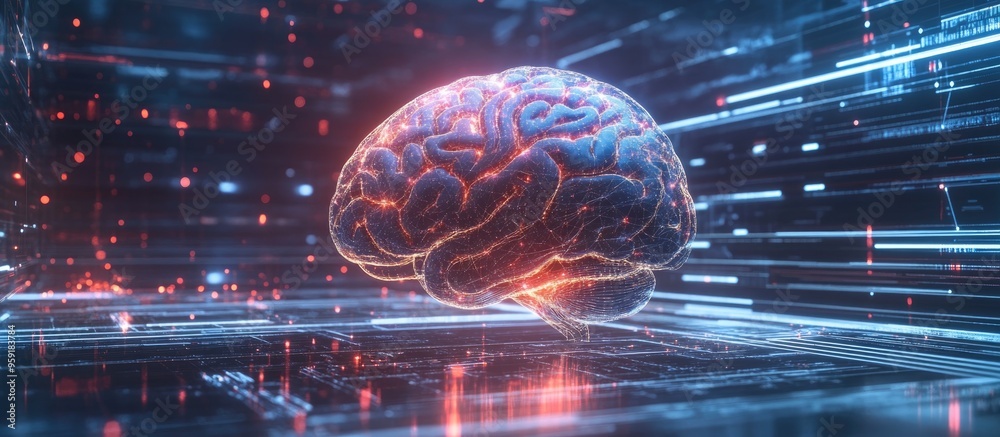 Poster digital brain hologram interface artificial intelligence and machine learning concepts in business t
