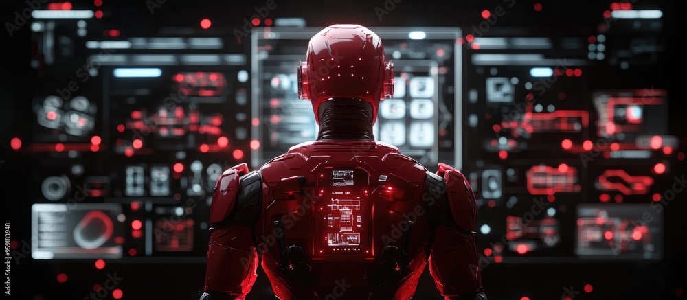 Aufkleber red robot accessing a global system interface on a dark backdrop 3d rendering