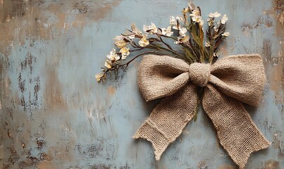A Burlap Bow and White Flowers on a Distressed Blue Wooden Surface