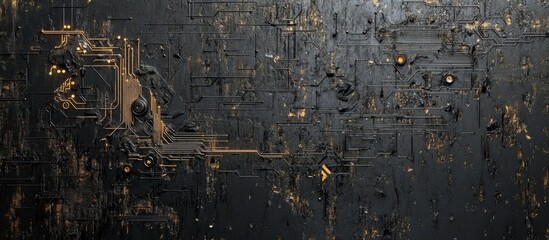 Abstract grunge background featuring futuristic cyber technology Sci fi circuit patterns on a weathered surface Scratches and marks create a unique urban engineering vibe Cyberpunk aesthetic
