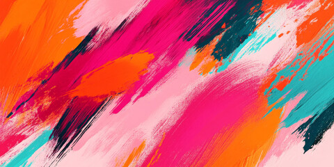 A striking bright abstract background with energetic brushstrokes in neon pink, orange, and turquoise. The design has a playful and modern feel with vivid, overlapping colors.