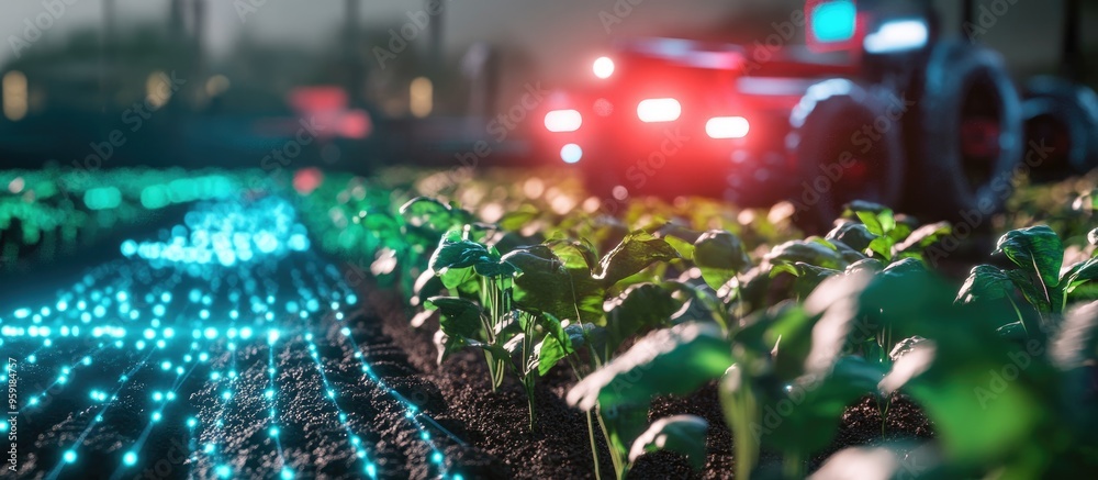 Poster futuristic digital technology in smart agriculture utilizing ai machine learning digital twins 5g bi